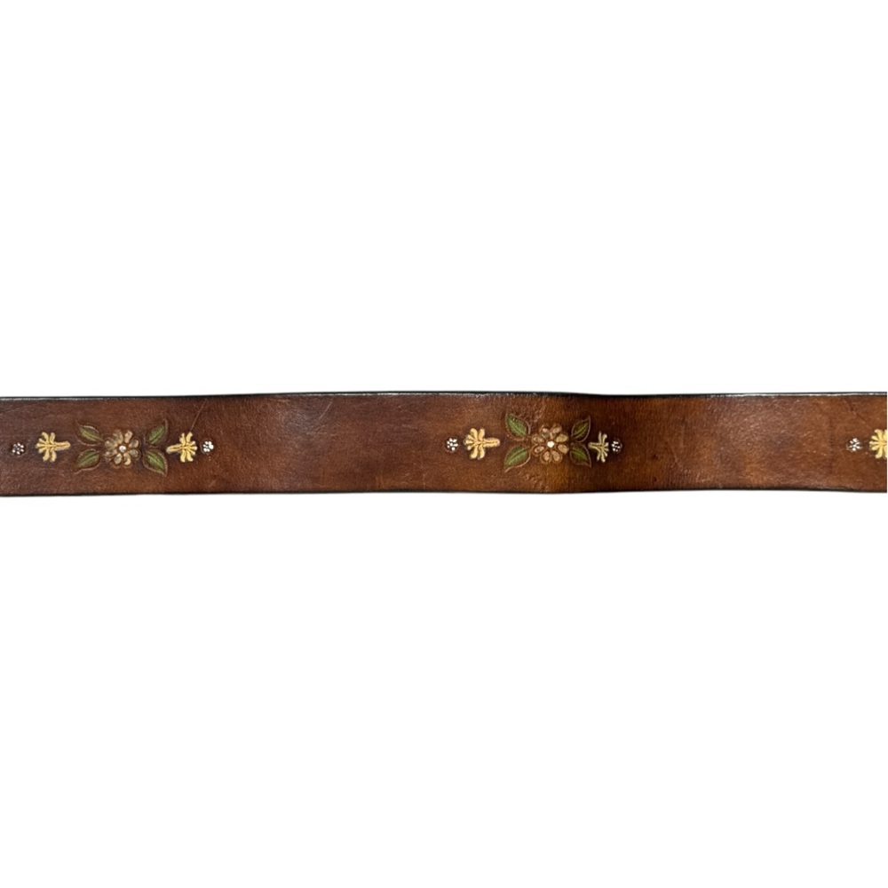 VINTAGE BERGAMOT BRASS WORKS WOMAN AND PEACOCK BUCKLE & BOHO FLORAL LEATHER BELT - Picture 6 of 10